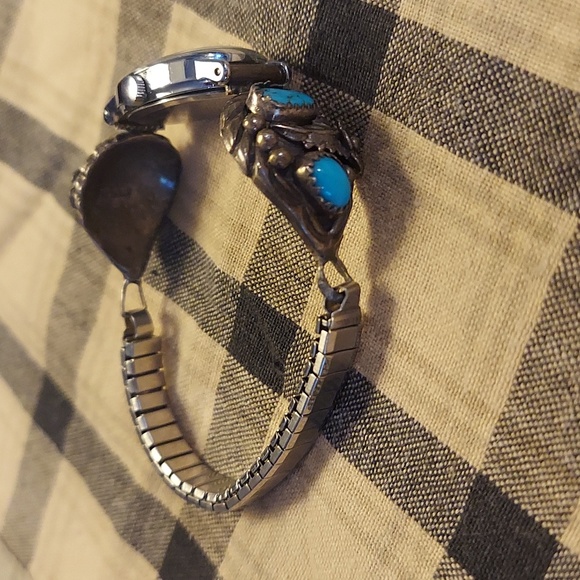 Vintage Native American Turquoise Sterling Silver Watch Bracelet - Picture 4 of 10